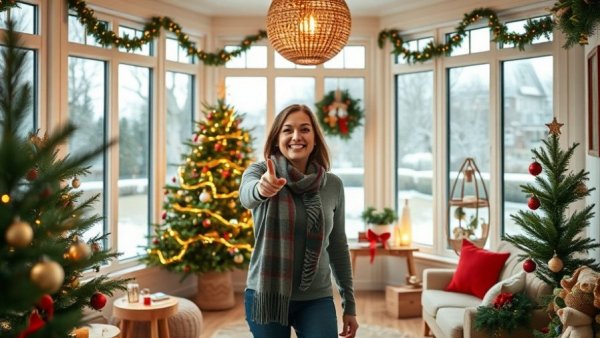 Sunroom with festive holiday decorations and a cheerful woman.