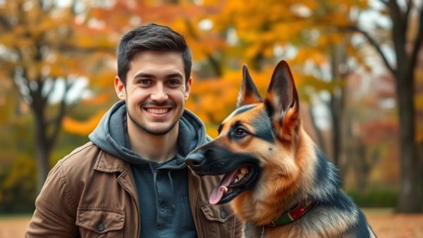 Kennel tech training with man and German Shepherd in park.