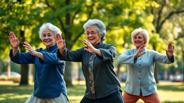 Middle-aged women doing Tai Chi to relieve knee arthritis pain in a park