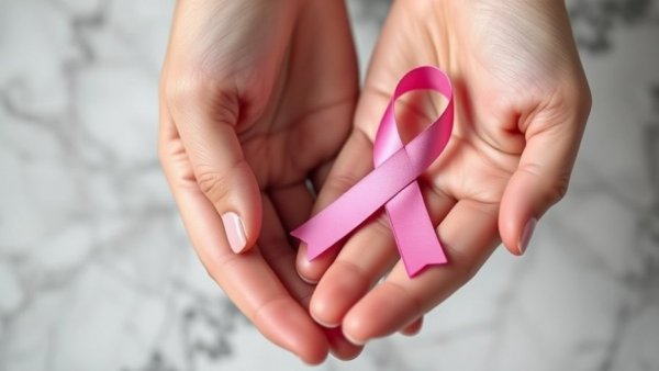 Pink ribbon in hands with statin therapy text for cancer patients.