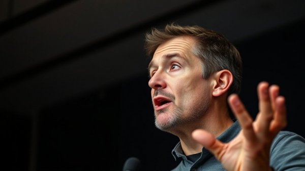 Man speaking energetically indoors with a dark backdrop