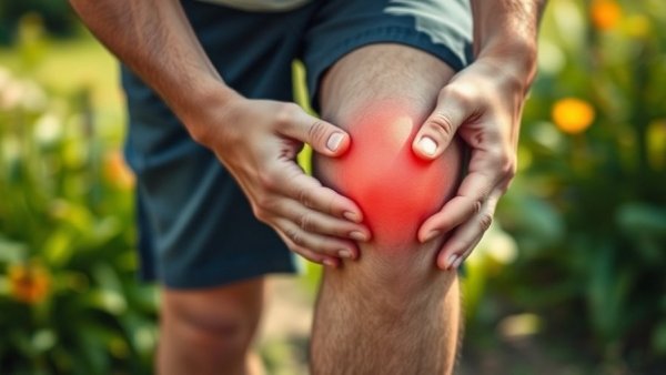 Individual holding swollen knee in pain, outdoors, illustrating joint discomfort.