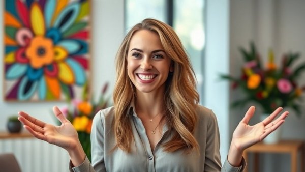 Smiling woman in modern office discussing home buying qualification.