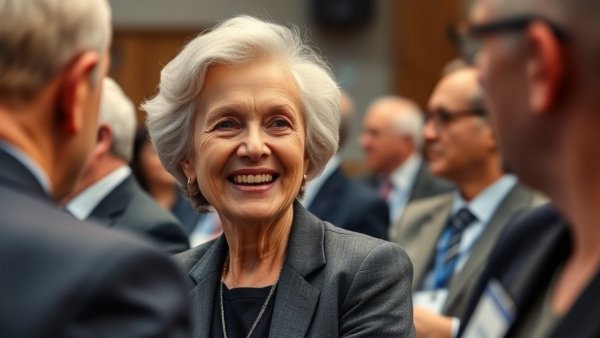 Smiling elderly woman at retirement planning event.