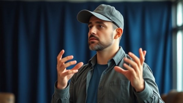 Man giving roofing tips presentation indoors, gesturing, wearing a cap.