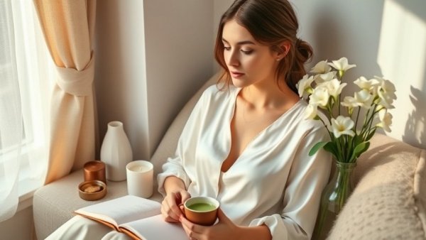 Healthy morning routine collage with relaxing elements.