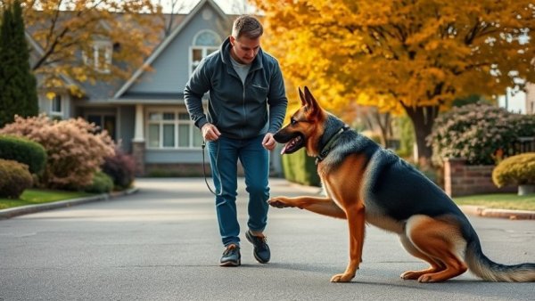 Focused dog training session with German Shepherd outdoors.