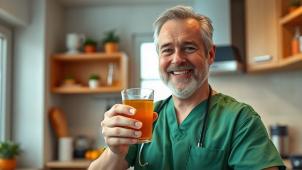 Man in green scrubs discussing ginger tea benefits for dogs in kitchen.