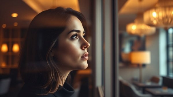 Reflective woman gazing out window, symbolizing mental cost of chronic back pain.