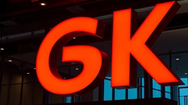 Illuminated GSK logo in a dark setting, novel myeloid cell engagers topic.