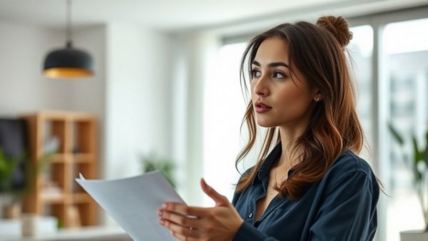 Young woman discussing house flipping strategies in a modern home environment.