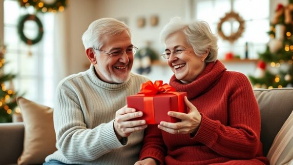 Joyful couple exchanging gifts in holiday setting, best gifts for golf fanatics.
