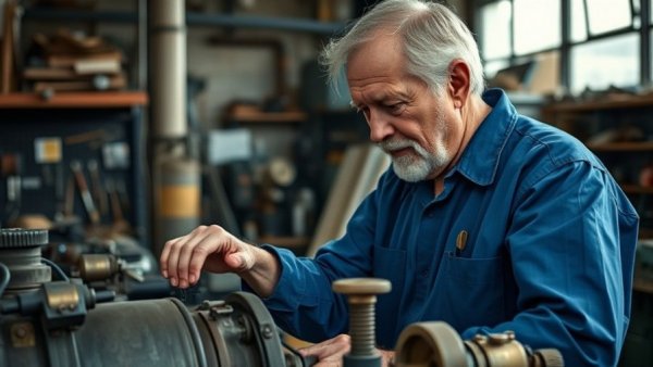 UK business uncertainty budget impact: man working, machine adjustment in workshop.