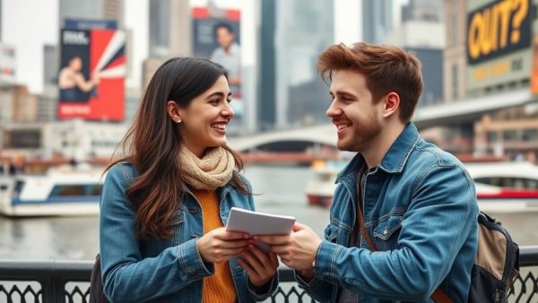Couple plays 'Guess the Celebrity Smile' near city river, cityscape backdrop.