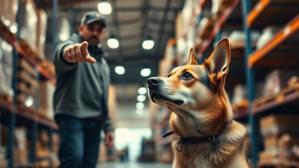 Dog training demonstration in a warehouse setting, focused trainer.