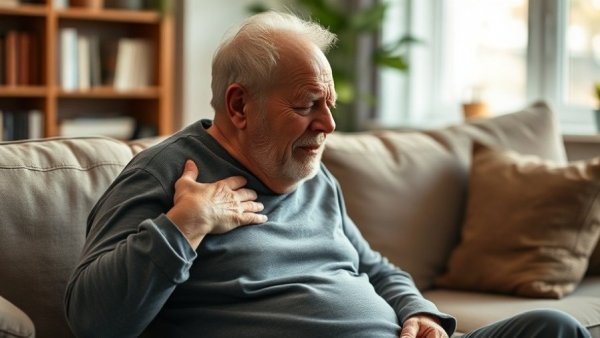 Elderly man with back pain, a common symptom of pancreatic cancer, sitting on a couch