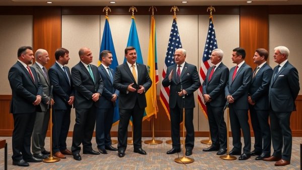 Ukraine peace plan discussions with officials in suits, flags in background.