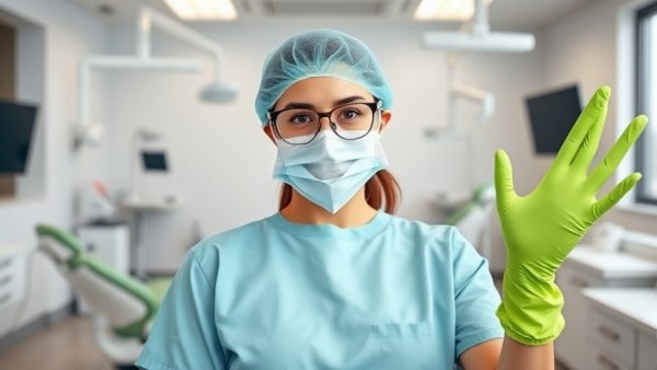 Cute healthcare worker in PPE posing with green gloves in medical office.