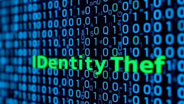 Conceptual image of identity theft with binary code for seniors.