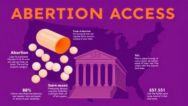 Illustrative graphic on abortion access in the U.S., featuring pills, map, and Supreme Court.