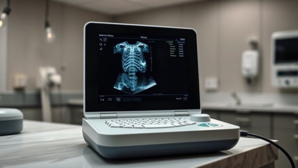 Compact ultrasound system for bone health shown in a clinical environment.