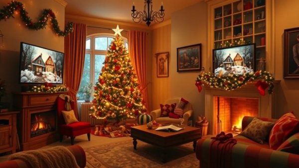 Cozy room with Christmas tree and fireplace during the coziest time of year.