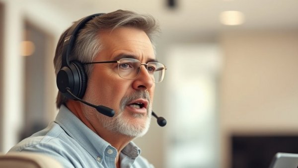 Middle-aged man speaking confidently wearing headphones, indoor setting.