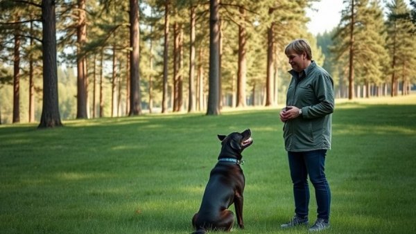Confident dog training instructor teaching outdoors with a whiteboard.