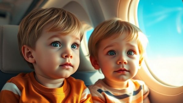 Children in airplane with man waving outside, travel guilt scene.