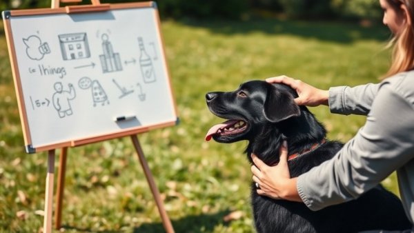 Trainer teaching dog commands with a black dog outdoors.
