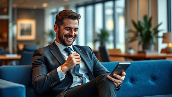 Smiling businessman in suit looks at phone in modern office setting.