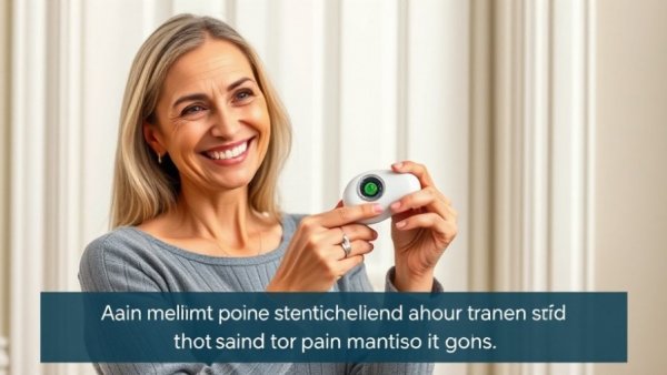 Woman explaining pain relief tools with text overlay.