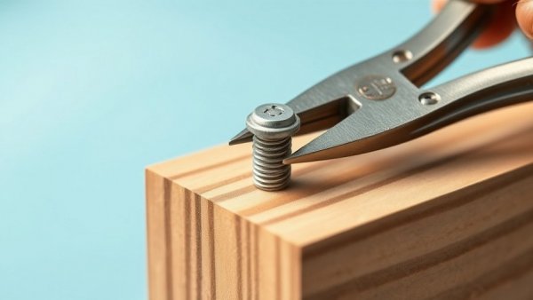 Pliers holding screw over wood block for woodworking tips.