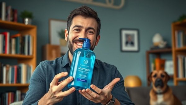 Man with OTC anti-yeast remedy for dogs, explaining its use.