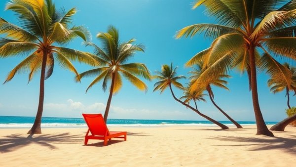 Serene beach environment with red lounge chair under palm trees, Living Off Social Security Benefits in Retirement.