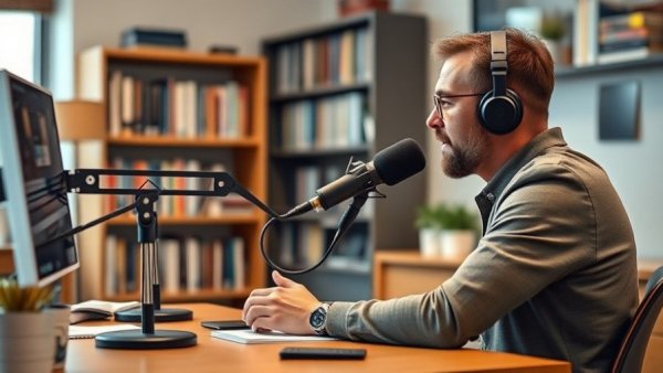 Man recording podcast, office setting, roof repair discussion.