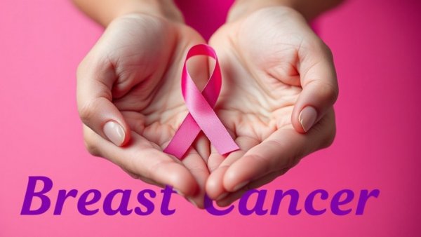 Hands holding pink ribbon for breast cancer awareness.