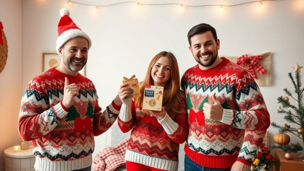 Home improvement enthusiasts in holiday sweaters presenting product.