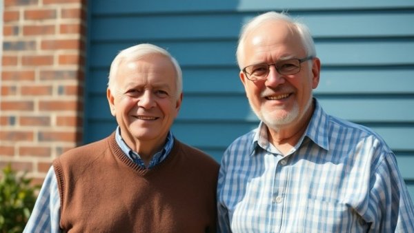 Older men standing together smiling in front of a house, Thanksgiving family reunion setting