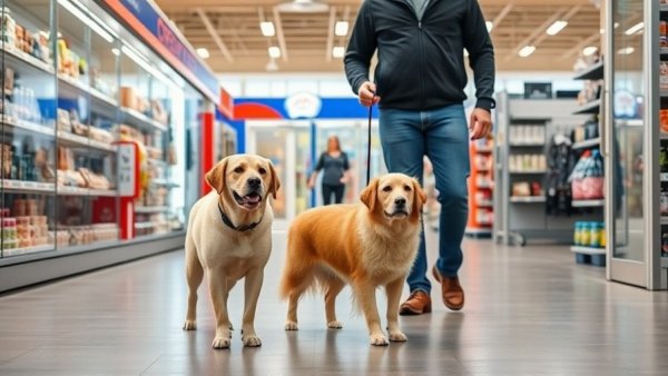 Dog training session in store with two obedient dogs.