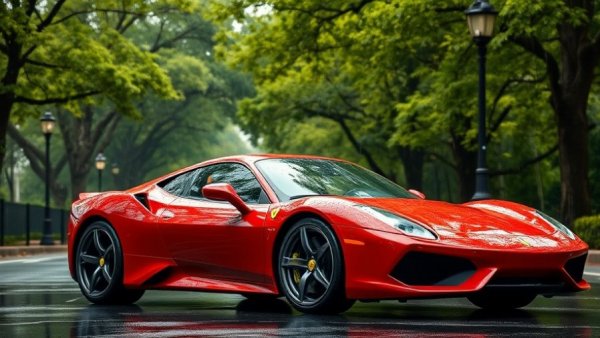 Sleek red sports car in the rain, time to buy a new car.