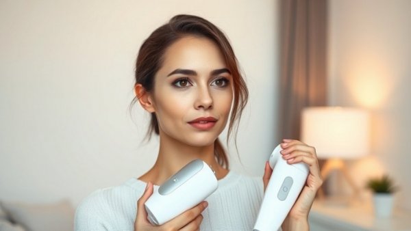 Woman using at-home laser hair removal device.