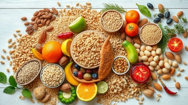 High-fiber foods for colorectal cancer survivors arranged on a table.