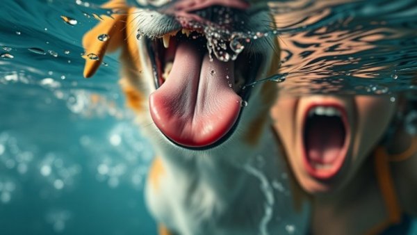 Close-up of dog's tongue drinking water with surprised woman.