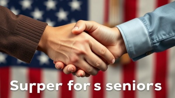 Support seniors: hands shaking with flag background for Giving Tuesday.
