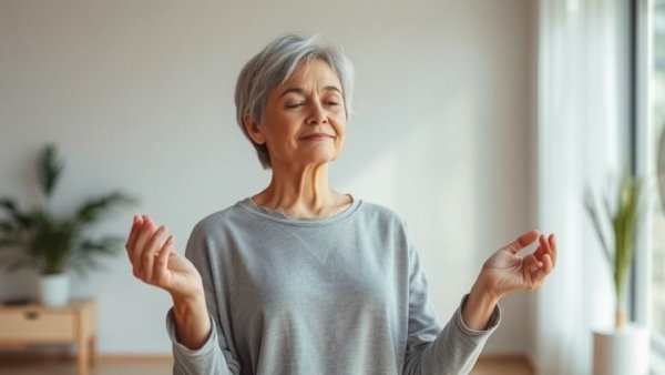 Woman practicing exercises for chronic pain relief indoors.