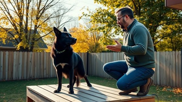 Pet training session with man and dog outdoors.