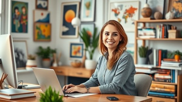 Smiling woman in home office discussing homebuying in a new state.