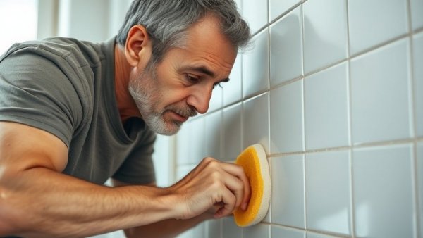 Man removing excess grout with a sponge in a home setting.