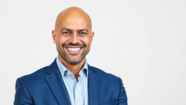 Confident bald man in a blue suit emphasizing the importance of workplace resiliency.